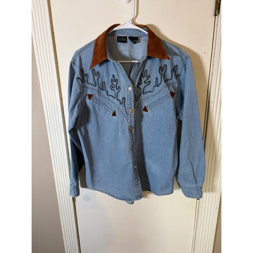 Boutique Europa Vintage Western Denim Shirt Blue Embroidered Suede Collar Medium